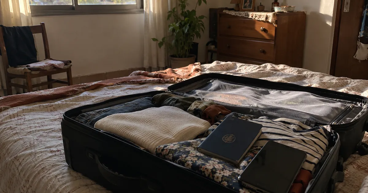 Valija abierta sobre la cama con ropa, pasaporte y celular, lista para viajar