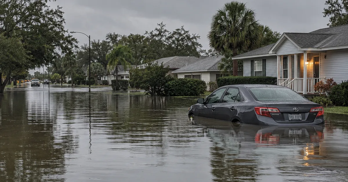 Auto con el agua hasta las puertas en una calle inundada