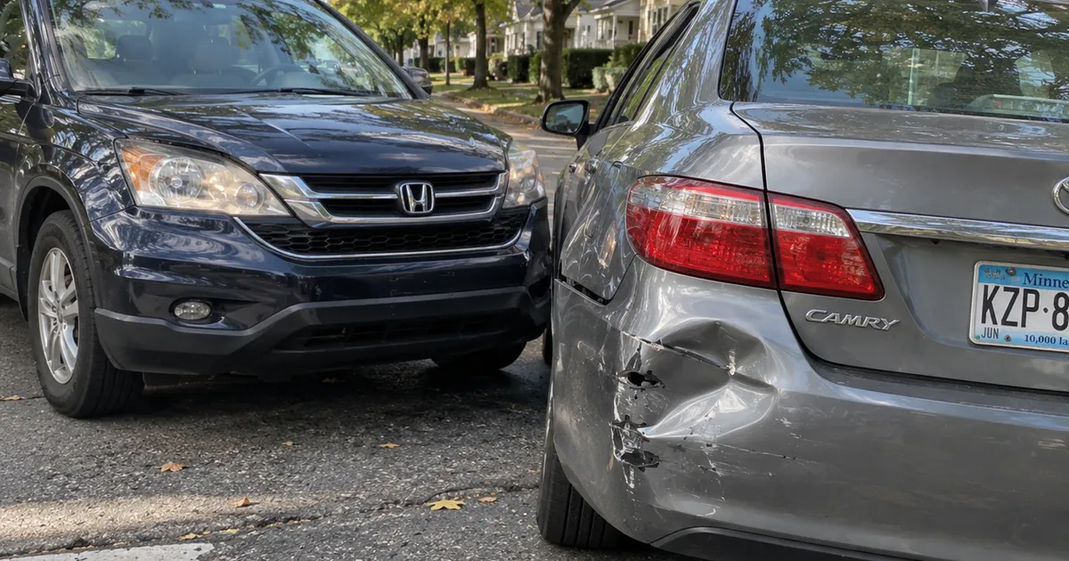 Auto con el paragolpes abollado después de un choque en una esquina