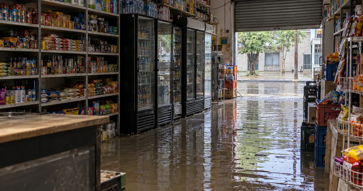 Almacén de barrio con agua en el piso y mercadería en estantes altos