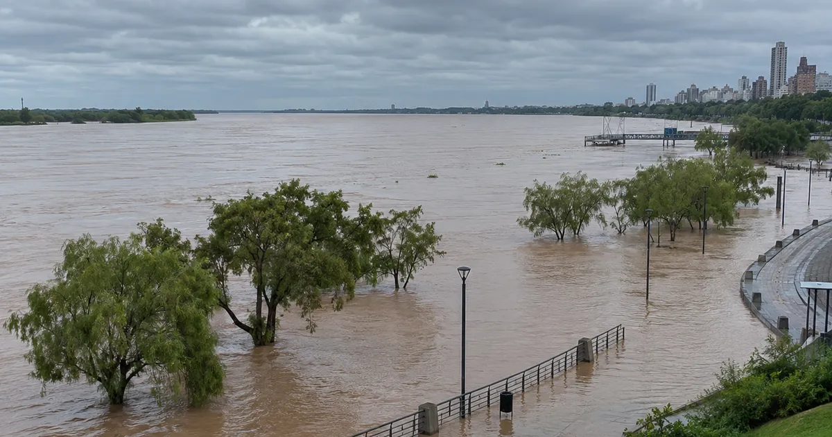 Río Paraná crecido llegando a la costa con árboles