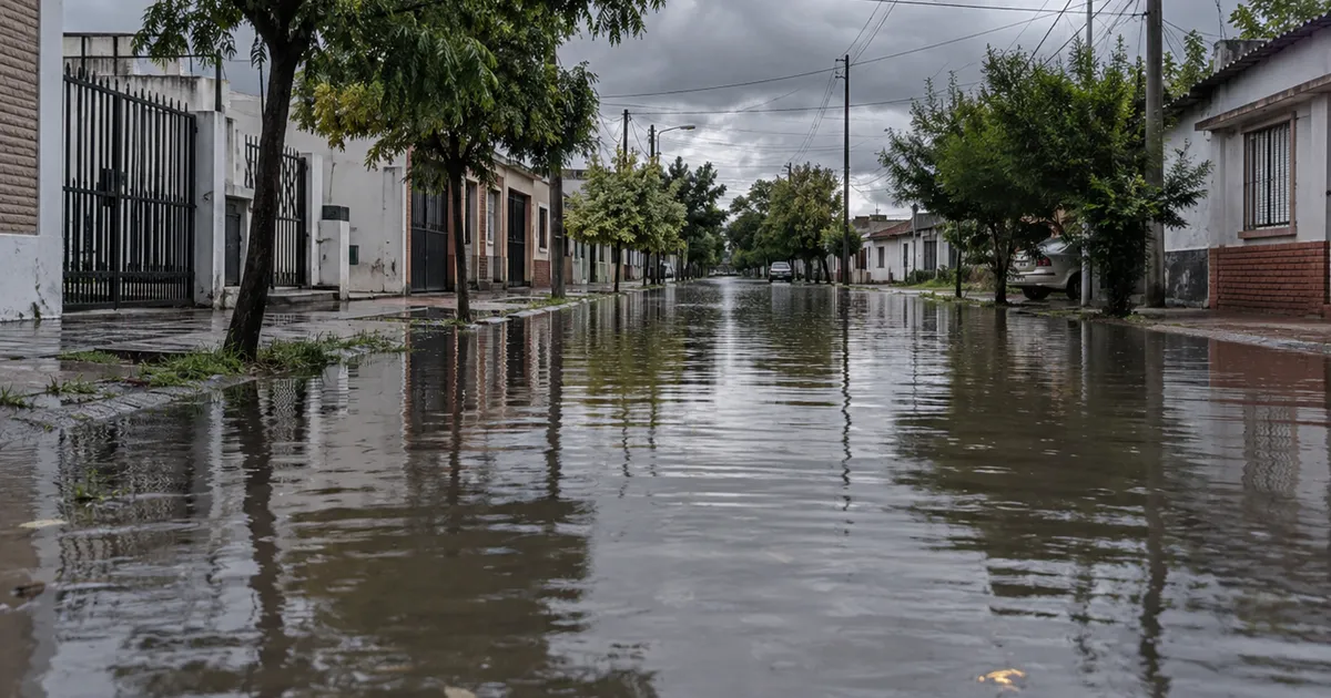 Calle de barrio anegada después de una lluvia fuerte