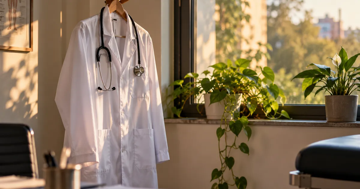 Guardapolvo de médico colgado en un consultorio