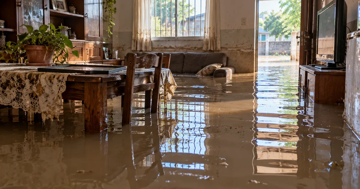 Interior de una casa con agua hasta los muebles después de una inundación