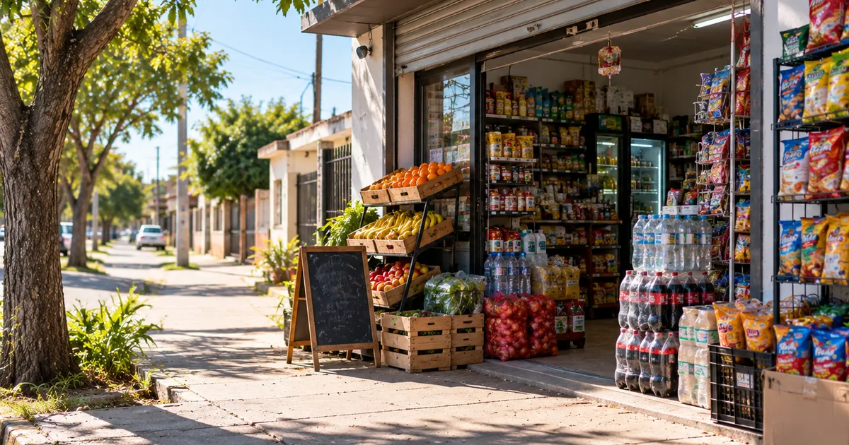 Almacén de barrio con la persiana abierta