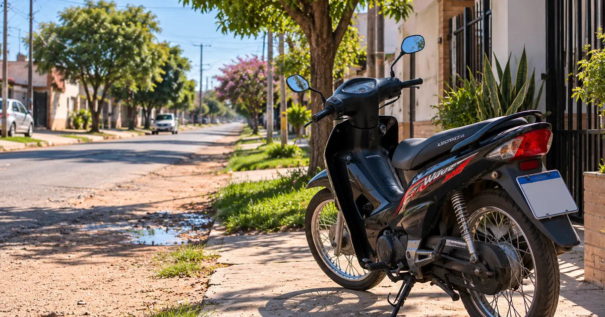 Moto estacionada en la vereda de una casa de barrio