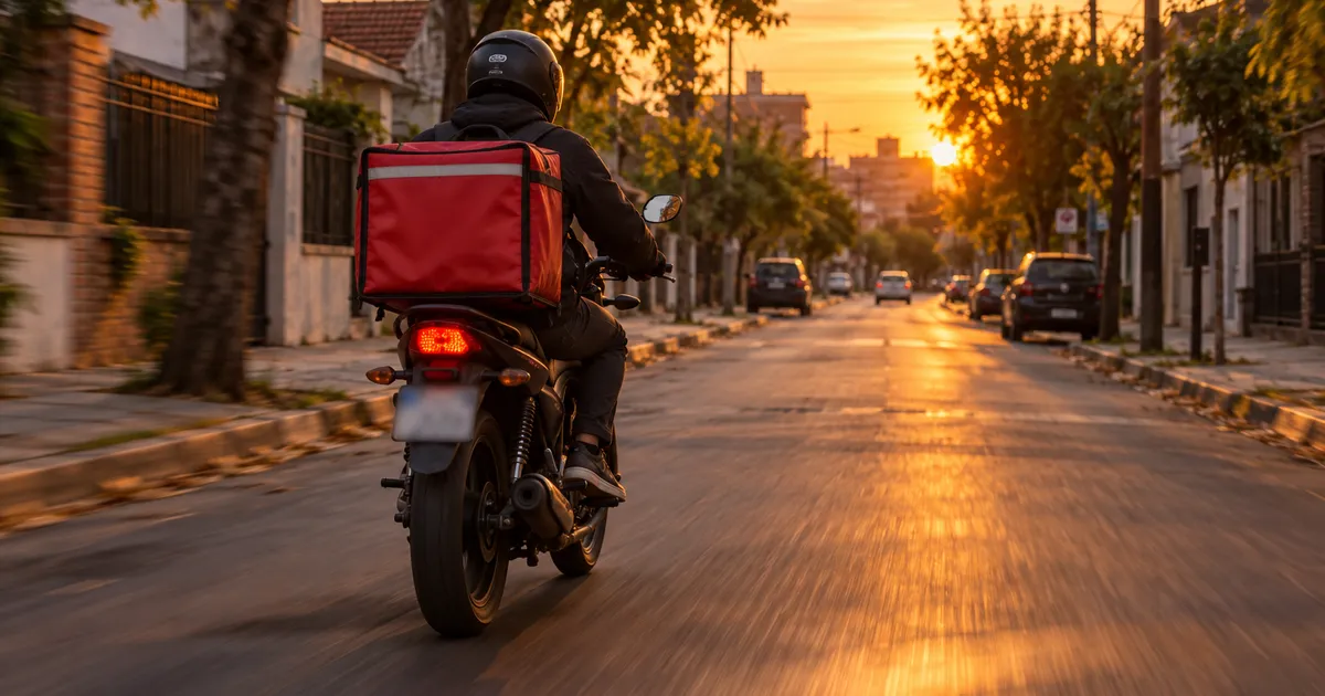 Repartidor en moto con caja de delivery en una calle de barrio