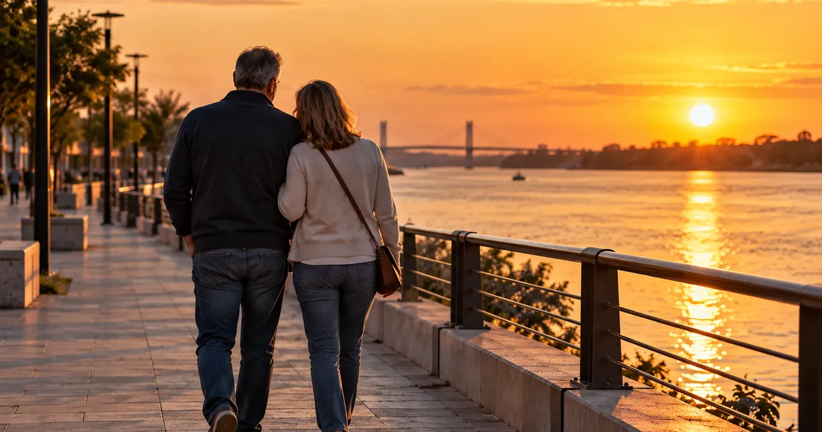 Pareja caminando por la costanera al atardecer