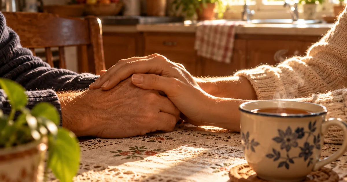 Dos manos tomadas sobre una mesa, en señal de apoyo