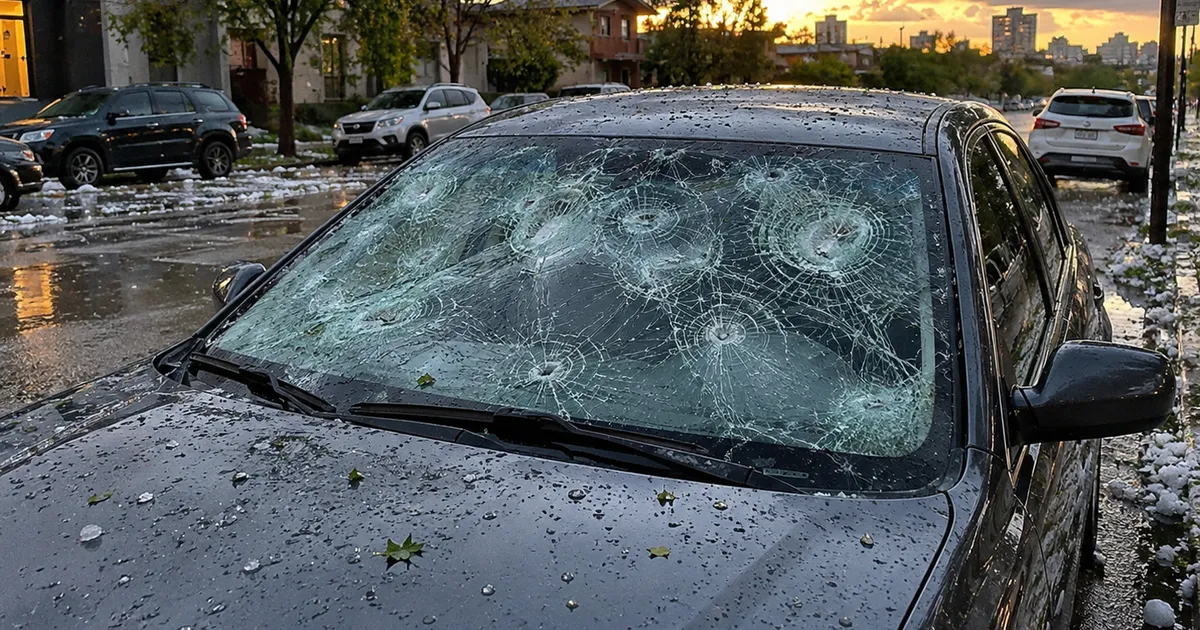 Auto con el parabrisas dañado por granizo