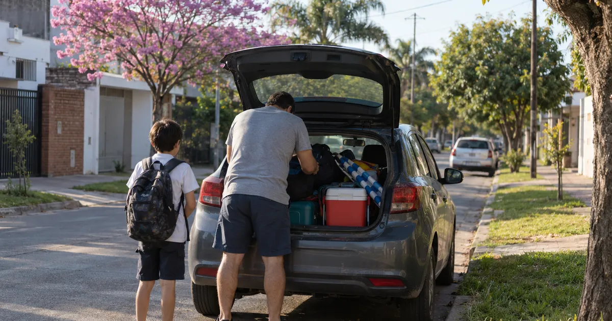Padre e hijo cargando el auto con valijas y conservadora para salir de vacaciones