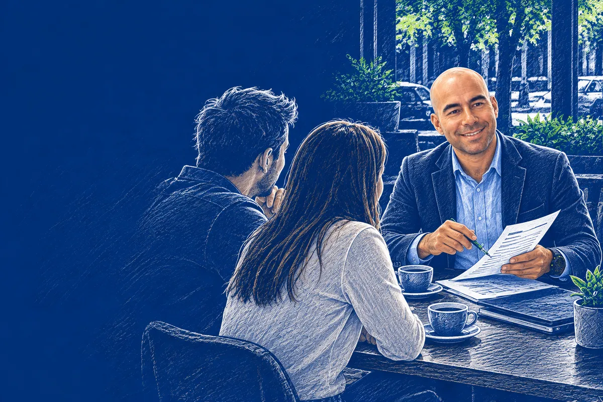 Ilustración de Lucas Mourglia explicándole un plan de ahorro a una pareja en un café