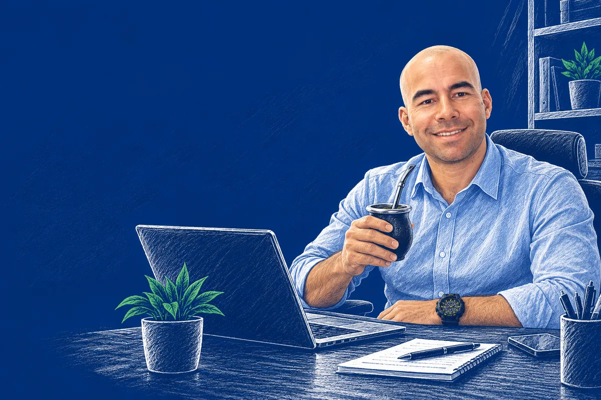 Ilustración de Lucas Mourglia en su oficina, tomando mate frente a la notebook