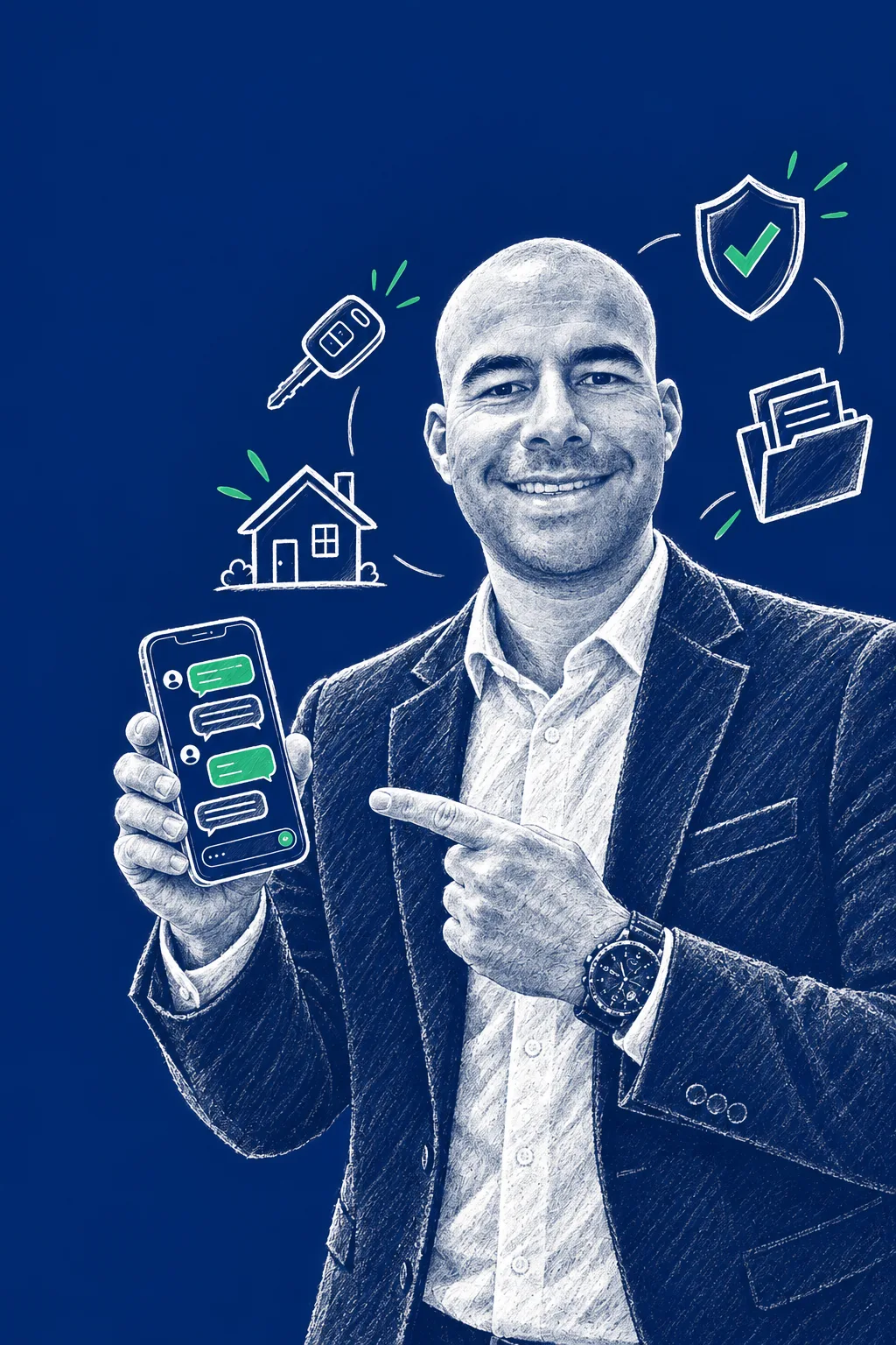 Ilustración de Lucas Mourglia, Productor Asesor de Seguros, con el celular abierto en un chat
